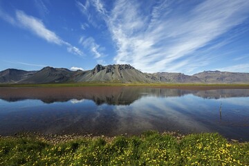 Lakeland with volcanic mountains, peninsula Snæfellsnes, Snaefellsnes, West Iceland, Iceland, Europe