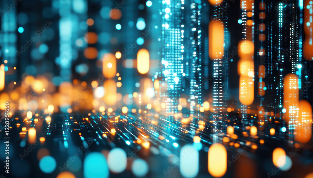 Poster abstract digital visualization with glowing blue and orange lights, representing data processing and