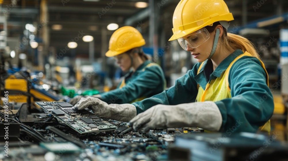 Aufkleber two workers in safety gear assemble electronics in a factory setting, showcasing teamwork and indust