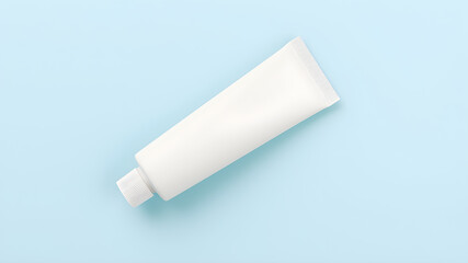 Blank white tube  mock up of ointment on light blue background, top view. Space for text. Generative AI