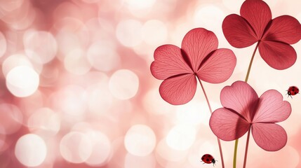 Fototapeta premium Valentine's Day Banner with Clover & Ladybugs - Romantic Bokeh