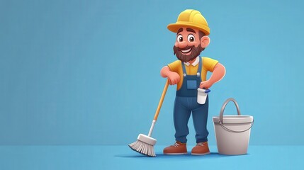 Clean and Cheerful: A friendly cartoon janitor in a yellow hard hat and blue overalls stands proudly with a mop and bucket.