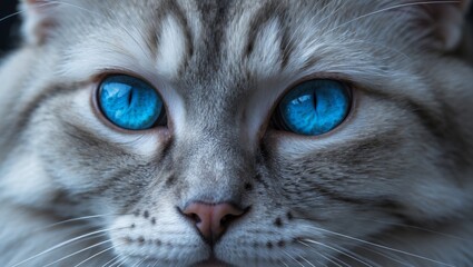 A close up of a cat's face with blue eyes