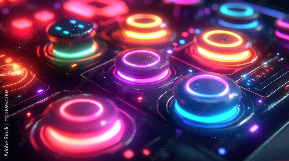 Poster close-up of colorful illuminated buttons on a futuristic control panel.