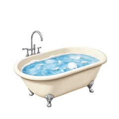 Naklejka premium Cream-Colored Clawfoot Bathtub Filled with Blue Water and Ice Cubes