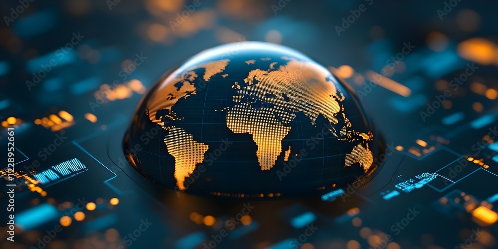 Poster a digital globe with a glowing map of the world, set against a futuristic background of circuits and
