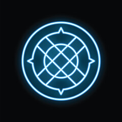 Blue neon compass glowing on black background with copy space