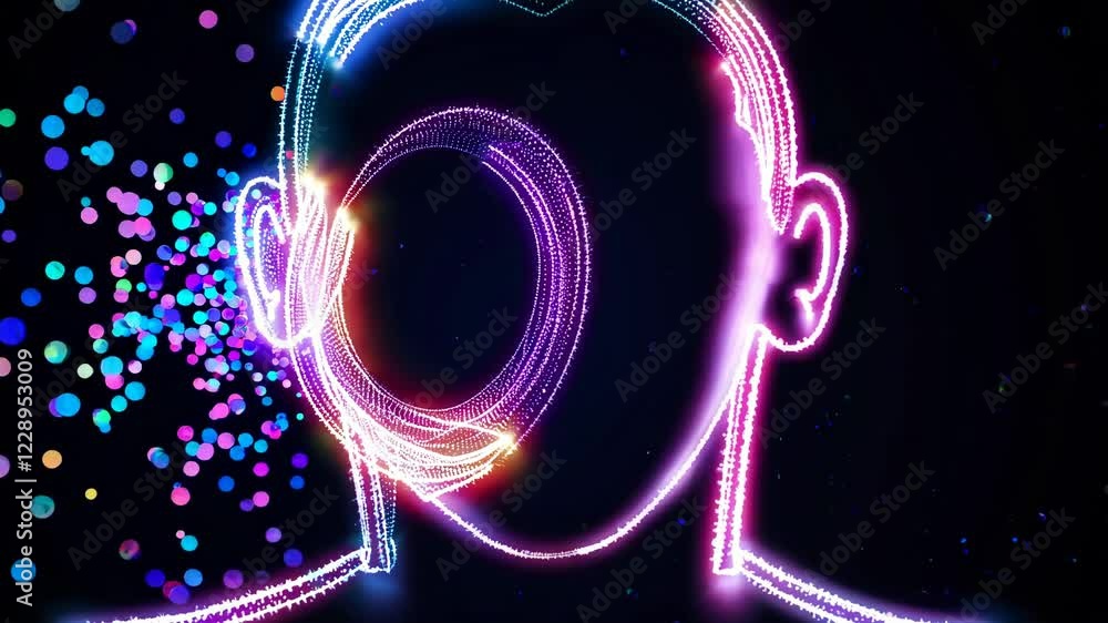 Fototapete An outline of a face with colorful particles gradually converging to form a focused, glowing sphere at the center, depicting concentrated thinking.
