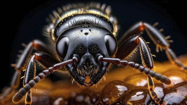 Macro of a common black garden ant (Lasius niger) with detailed focus on the compound eyes, mandibles, and tiny hairs on its body. AI generated