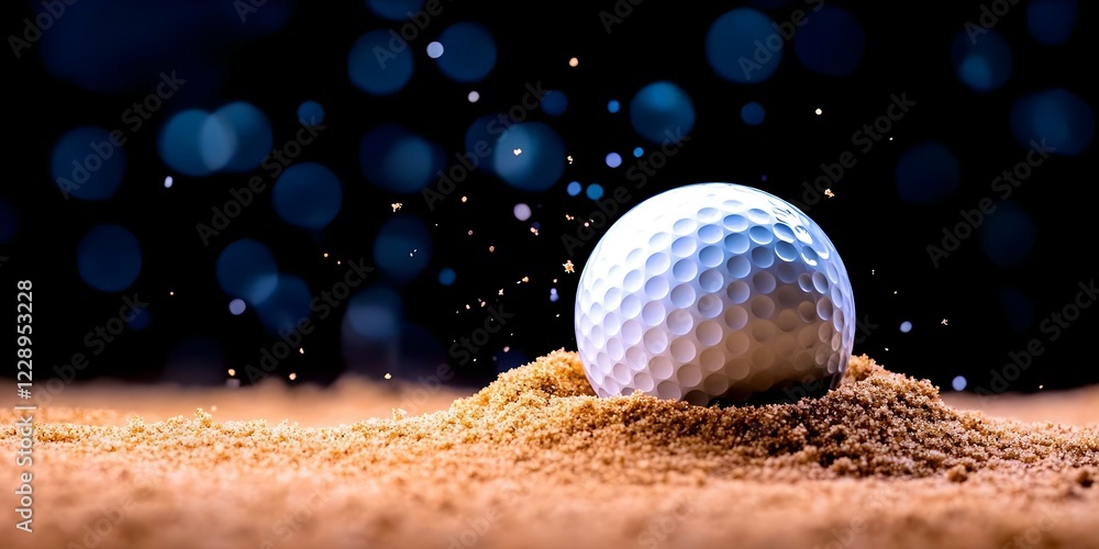 Poster a close-up of a golf ball resting on a sandy surface with dynamic lighting creating a bokeh effect i
