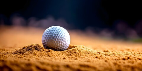 A golf ball is resting on sandy ground, likely in a sand trap on a golf course. Concept Golf Ball in Sand Trap, Techniques for Sand Shots, Impact of Sand on Ball Trajectory