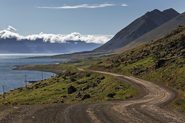 Gravel road meanders along a fjord through volcanic landscape, near Hrafnseyri, Westfjords,...