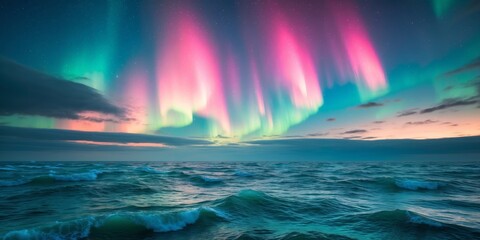 Naklejka premium Mystical Northern Lights Over Stormy Teal Seascape.