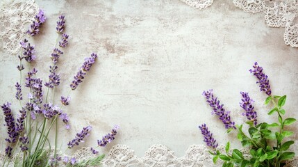 Lavender sprigs and lace border on textured background.
