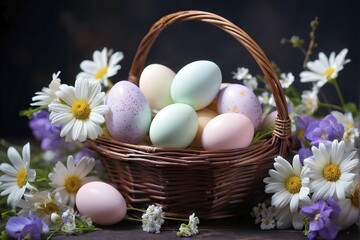 Pastel-colored Easter eggs in a wicker basket, surrounded by delicate spring flowers like daisies and violets, AI generated