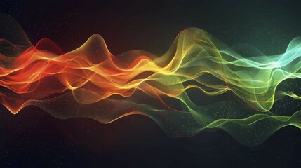 Obraz premium Dynamic abstract digital art with wavy patterns in red, orange, yellow, green, and blue on a black background, AI generated