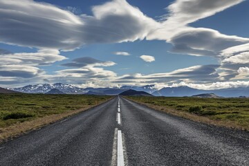 Road 54 near Stykkisholmur, cloud formations, snow-capped mountains, Snæfellsnes peninsula, Snaefellsnes, Iceland, Europe