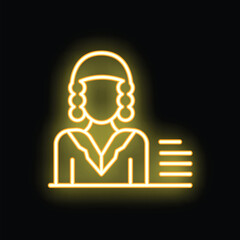 Neon sign illuminating a female judge wearing a traditional wig and robe