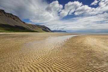 Light sandy beach, ripple in the sand at low tide, Brekkuvellir, Westfjorde, Nordurland vestra, Iceland, Europe