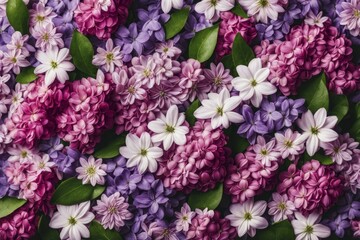 Obraz premium A vibrant floral arrangement featuring pink, purple, and white flowers interspersed with green leaves, AI generated