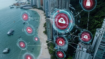 Smart city innovations cloud connectivity and urban infrastructure coastal city technology visualization aerial view digital transformation