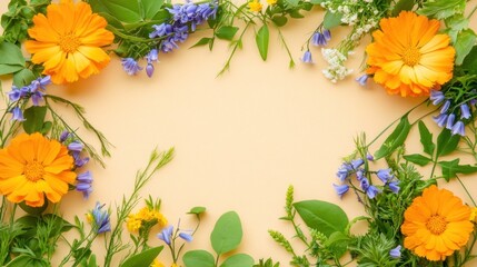 Obraz premium Orange and blue wildflowers arranged in a frame on a beige background, leaving space for text or design.