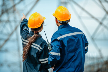 Workers examine and discuss power lines while wearing safety gear at an electrical substation...