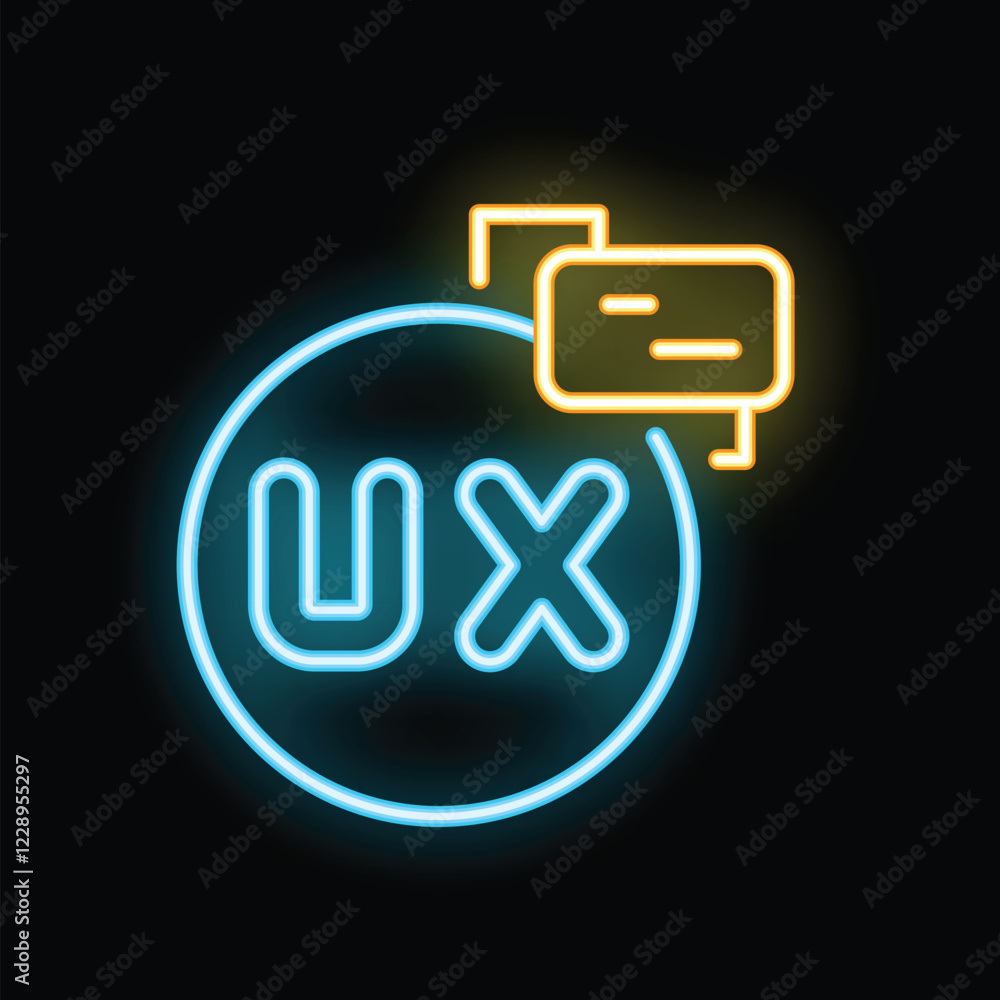 Poster neon sign representing the concept of user experience design, showing ux letters and a computer moni