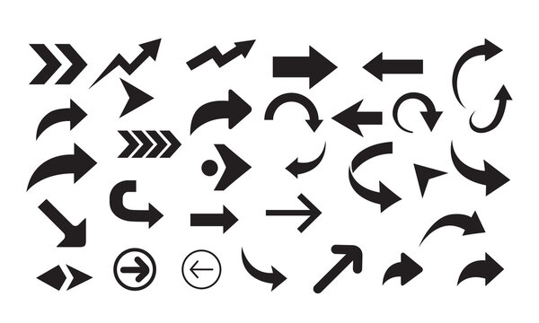 Arrow silhouette vector set, black directional icons, various arrows, abstract design, Reply send forward icons button, navigation symbols, diverse arrow shapes design vector