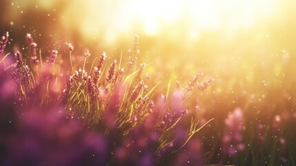 Obraz premium Vibrant lavender field bathed in warm sunset light.