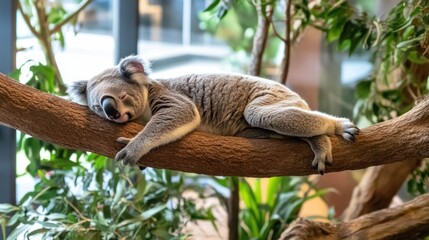Obraz premium Sleeping koala on a tree branch in lush greenery.
