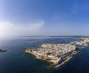 Aerial view, old town with fort, city wall and harbour, Gallipoli, province of Lecce, Salento...