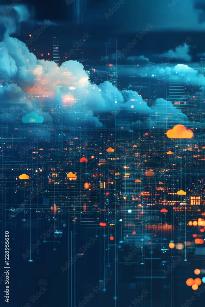 Poster futuristic cityscape with digital clouds and illuminated data networks