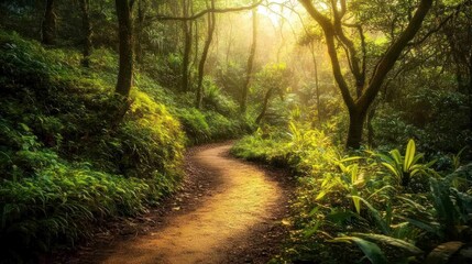 Fototapeta premium Sunlit path winding through lush green forest.