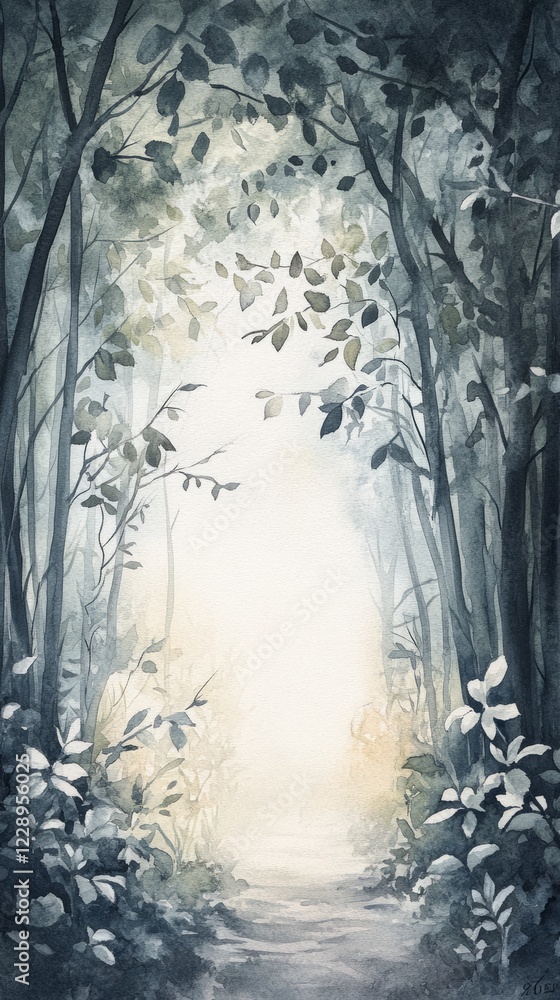 Poster Sunlight filters through a lush forest, illuminating a tranquil pathway surrounded by dense greenery.