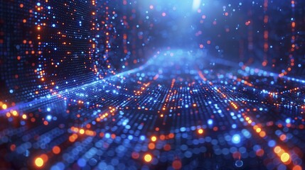 Conceptual representation of the digital world in abstract beauty. Countless digital dots and symbols show the flood of data circulating in the world. AI generated