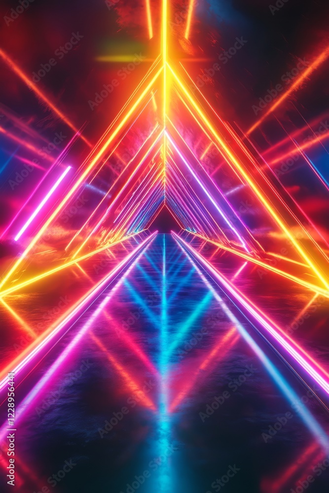 Poster a visually striking neon tunnel with colorful geometric light patterns, offering a futuristic and dy
