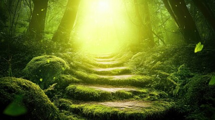 Fototapeta premium Sunlit path through mossy forest, leading to bright light.