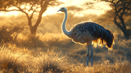 Majestic Ostrich in Sunlit Savanna: A Glimpse of Nature's Grandeur and Wildlife Beauty in the Wild