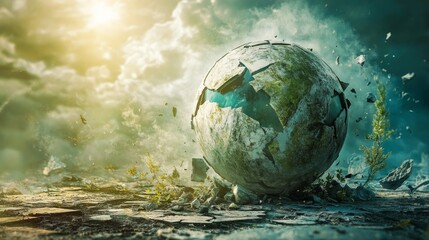 This striking visual depicts a cracked globe amidst debris and bright sunlight, symbolizing environmental change and resilience in a surreal landscape.