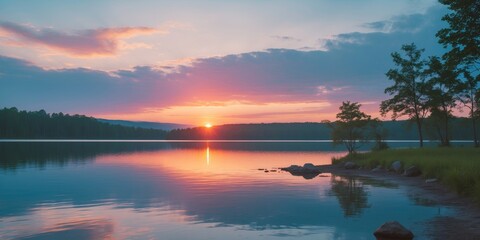 Fototapeta premium Serene Sunset Over the Tranquil Lake and Shoreline