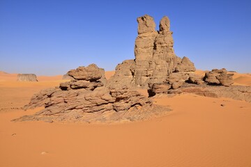Sanddunes and rock towers at Moul Naga, Tadrart, Tassili n´Ajjer National Park, Unesco World...
