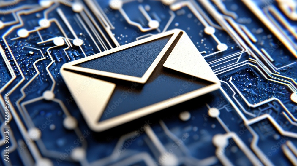Poster digital communication revolution email icon on circuit board tech environment close-up perspective c