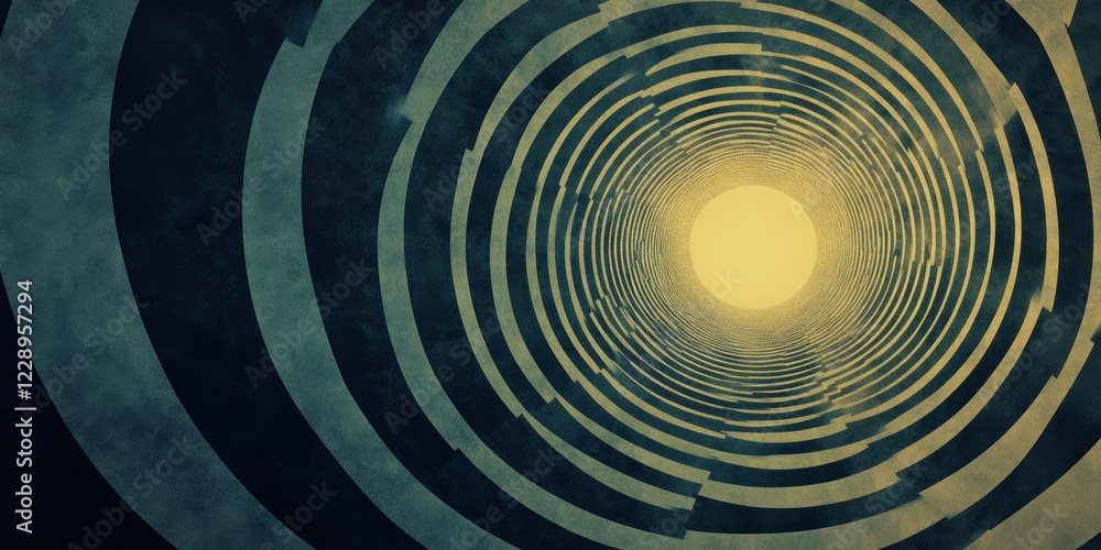 Poster spiral shaped image with a yellow sun in the center. the image has a moody and mysterious feel to it