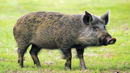 Wild boar grazing on lush green grass in a serene meadow