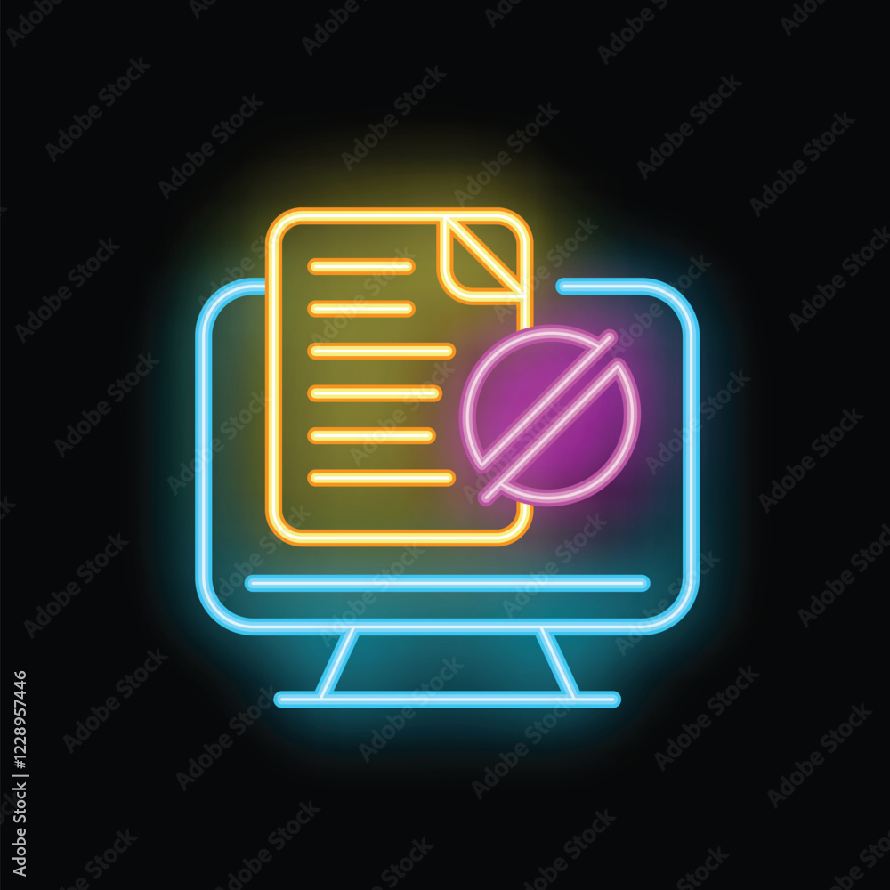 Poster neon icon of a computer showing a document with a cancelled sign on it