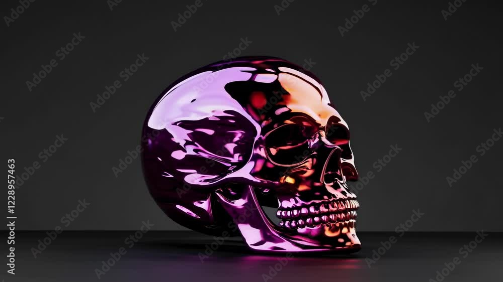 Leinwandbilder A rotating minimalistic skull with dynamic splashes of iridescent paint, creating a hypnotic gradient effect that changes over time.
