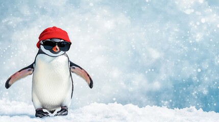 Cool penguin wearing sunglasses and red beanie in snowy winter wonderland.