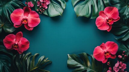 Vibrant red orchids and lush tropical leaves arranged on a teal background, creating a frame with copy space.
