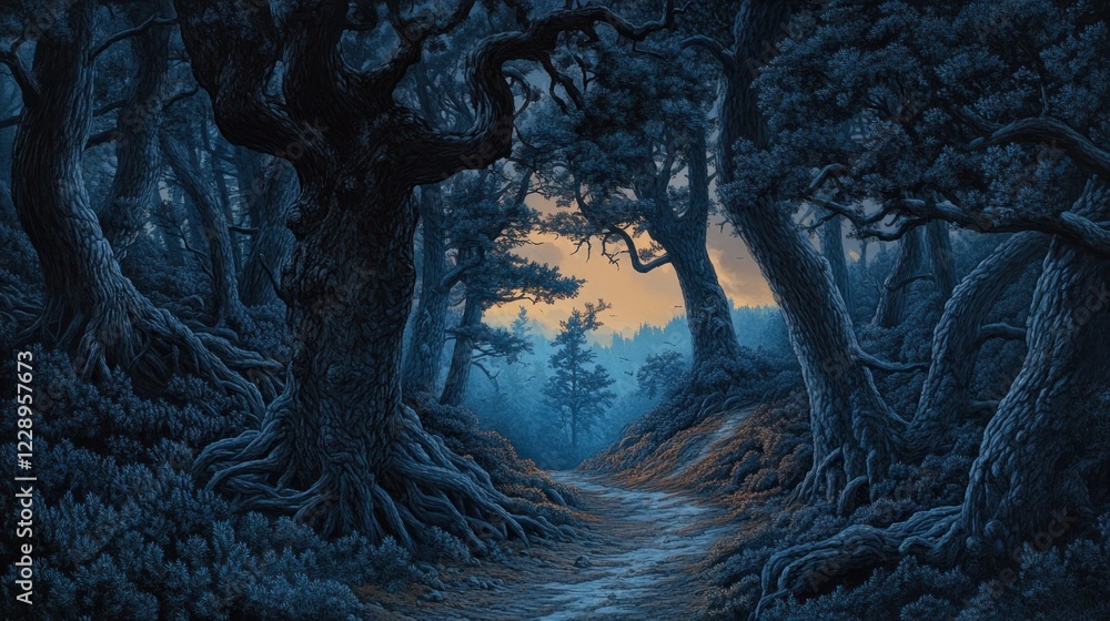 Poster dark, mysterious forest path at twilight with large trees and exposed roots.